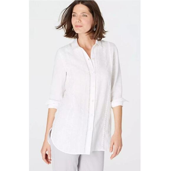 Love Linen J. Jill White Button Front Long Sleeve Embroidered Linen Tunic Mp - Picture 1 of 7